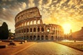 The image depicts the sun setting behind the Colosseum in Rome, casting a warm glow on the ancient architectural marvel, Ancient