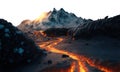 a flaming hot lake of fire. Vast winter landscape. frozen mountain peaks. transparent PNG background. Fire and ice. Royalty Free Stock Photo