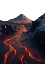 flaming hot river of lava flowing a vast winter landscape. Mountains in the horizon. transparent PNG background.