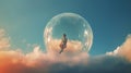 A person floating in a bubble in the sky with clouds