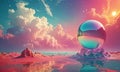 surreal landscape features large, reflective sphere in the center, surrounded by vibrant sky, clouds, and