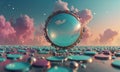 large, circular, blue-tinted object with red border stands amidst sea multicolored, circular objects, with