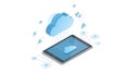 A tablet with a cloud computing concept and data transfer icons surrounding it Royalty Free Stock Photo