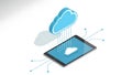 A tablet with a cloud icon on its screen receiving data from a larger cloud Royalty Free Stock Photo