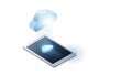 A tablet with a cloud raining down on it, symbolizing cloud computing and data transfer Royalty Free Stock Photo