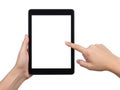 Interactive tablet usage demonstrated by two hands Royalty Free Stock Photo