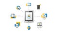 A tablet with various devices and cloud storage icons connected around it Royalty Free Stock Photo