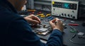 a technician meticulously repairs a tablet device in a well-equipped workshop, using precision tools and electronic components for Royalty Free Stock Photo