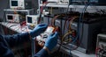 technician using multimeter to test voltage of battery system in electronics lab, showcasing electrical engineering and power supp Royalty Free Stock Photo