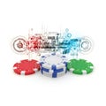 Digital poker chips surrounded by interconnected technology symbols and gears Royalty Free Stock Photo