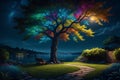 image depicts a tranquil scene under a tree at night with vivid colors and highly detailed elements.