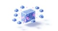 Futuristic data cube surrounded by interconnected digital clouds isolated on white background Royalty Free Stock Photo
