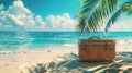 Tropical Getaway: Suitcase on Sandy Beach with Sunny Sea and Palm Leaves Royalty Free Stock Photo