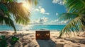 Tropical Getaway: Suitcase on Sandy Beach with Sunny Sea and Palm Leaves Royalty Free Stock Photo