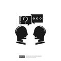 The image depicts two stylized human heads facing each other, with speech bubbles above them containing a question mark and dots,