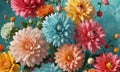 vibrant bouquet dahlias in various shades pink, orange, yellow, and blue, with some adorned with small white