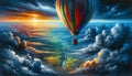 A colorful hot air balloon soars over dramatic clouds at sunset