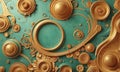 close-up view vibrant, intricate gold and turquoise pattern, featuring central circular design surrounded by Royalty Free Stock Photo