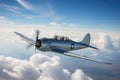 silver metallic colored airplane plane in flight. vintage, retro, single engine prop aircraft from the WWII era. Royalty Free Stock Photo