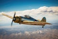 brown and silver chrome metallic airplane plane in flight. vintage, retro, single engine prop aircraft from the WWII era. Royalty Free Stock Photo