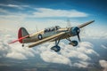 cream and red airplane plane in flight. vintage, retro, single engine prop aircraft from the WWII era. Royalty Free Stock Photo