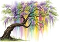A vibrant tree with cascading rainbow flowers and twisted branches isolated on white background Royalty Free Stock Photo
