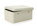 A white, rectangular storage container with a hinged lid on a plain white background Royalty Free Stock Photo