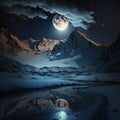 Full Moon: A winter view of snow-capped mountains, white rocks and frozen water illuminated by soft moonlight Royalty Free Stock Photo