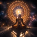 A woman meditating in front of an ornate, golden sun. Royalty Free Stock Photo