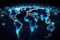 This image depicts a world map illuminated by blue lights, showcasing global connectivity and activity, Global network connection Royalty Free Stock Photo