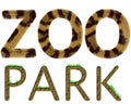 Written background text font zoo park in tiger skin and rock style with grass and vegetation