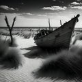 image of a deserted beach with an old boat, broken fence around the dunes and clusters of sea oats. Royalty Free Stock Photo