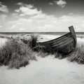 image of a deserted beach with an old boat, broken fence around the dunes and clusters of sea oats. Royalty Free Stock Photo