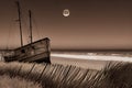 image of a deserted beach with an old boat broken fence around the dunes and clusters of sea oats.