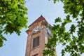 Detail of limestone clock tower surrounded by green leaves