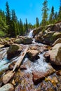 Detail of rapids river from waterfall and boulders