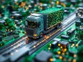 Image of a detailed semi-truck model with cargo of small green-lit structures, possibly representing electronics, set Royalty Free Stock Photo