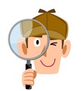 Detective face peeping into the magnifying glass, Smiling face