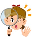 Detective face of a woman looking through the magnifying glass, Facial expression and gesture