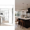 Diagonal Split Screen Of Drawing and Photo of Beautiful New Kitchen