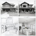 Diagonal Split Screen Of Drawing and Photo of Beautiful New Kitchen