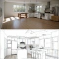 Diagonal Split Screen Of Drawing and Photo of Beautiful New Kitchen