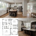 Diagonal Split Screen Of Drawing and Photo of Beautiful New Kitchen