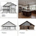 Diagonal Split Screen Of Drawing and Photo of Beautiful New Kitchen