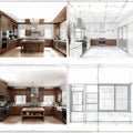 Diagonal Split Screen Of Drawing and Photo of Beautiful New Kitchen