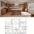 Diagonal Split Screen Of Drawing and Photo of Beautiful New Kitchen