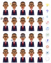 20 different facial expressions and upper body of black men wearing glasses