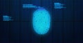 Image of digital biometric fingerprint computer interface icon and data processing on blue backg