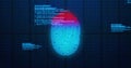 Image of digital biometric fingerprint computer interface icon and data processing on blue backg