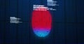 Image of digital biometric fingerprint computer interface icon on mesh black background